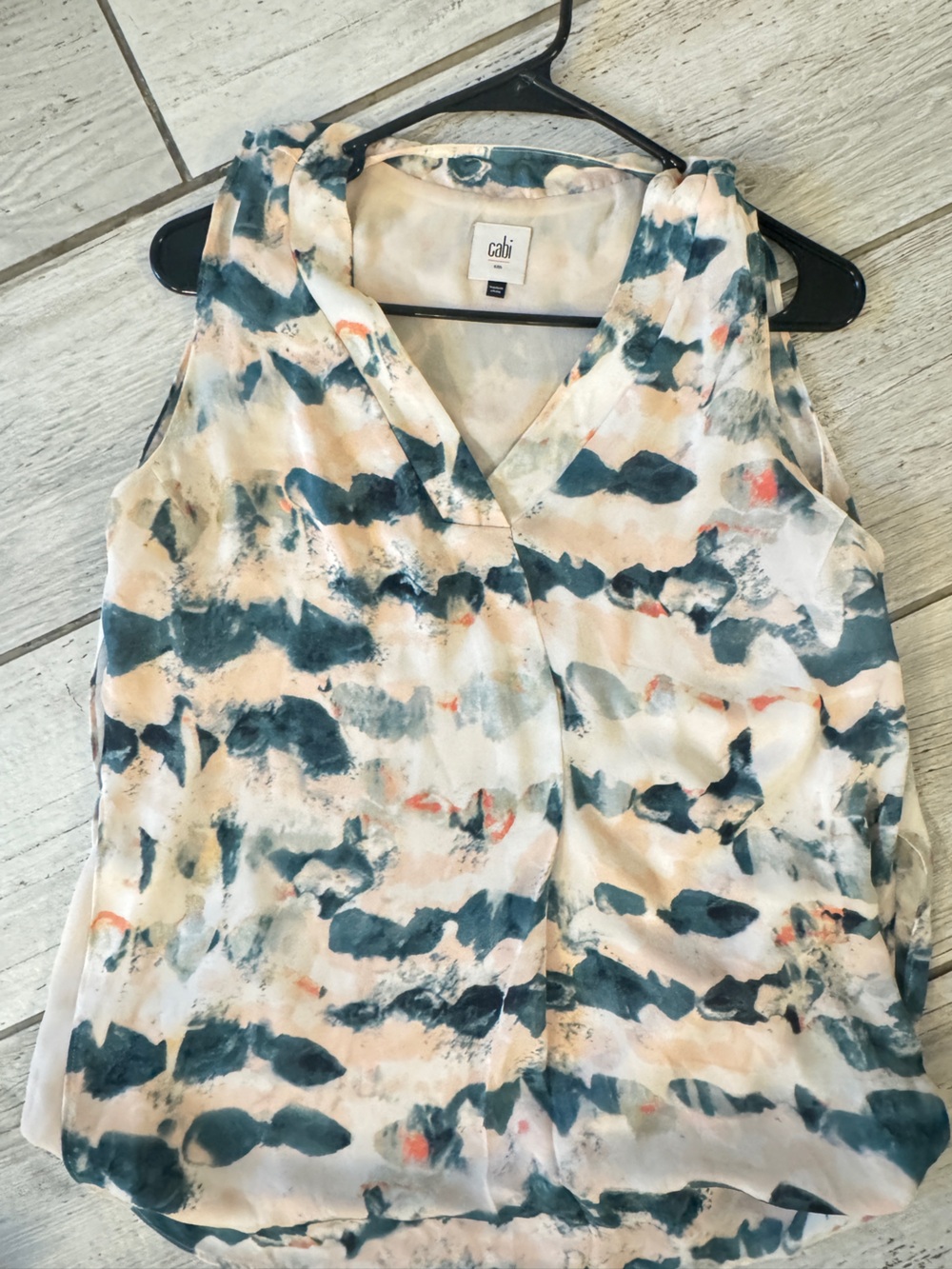 CAbi Painterly Blouse in Teal, Peach & Cream